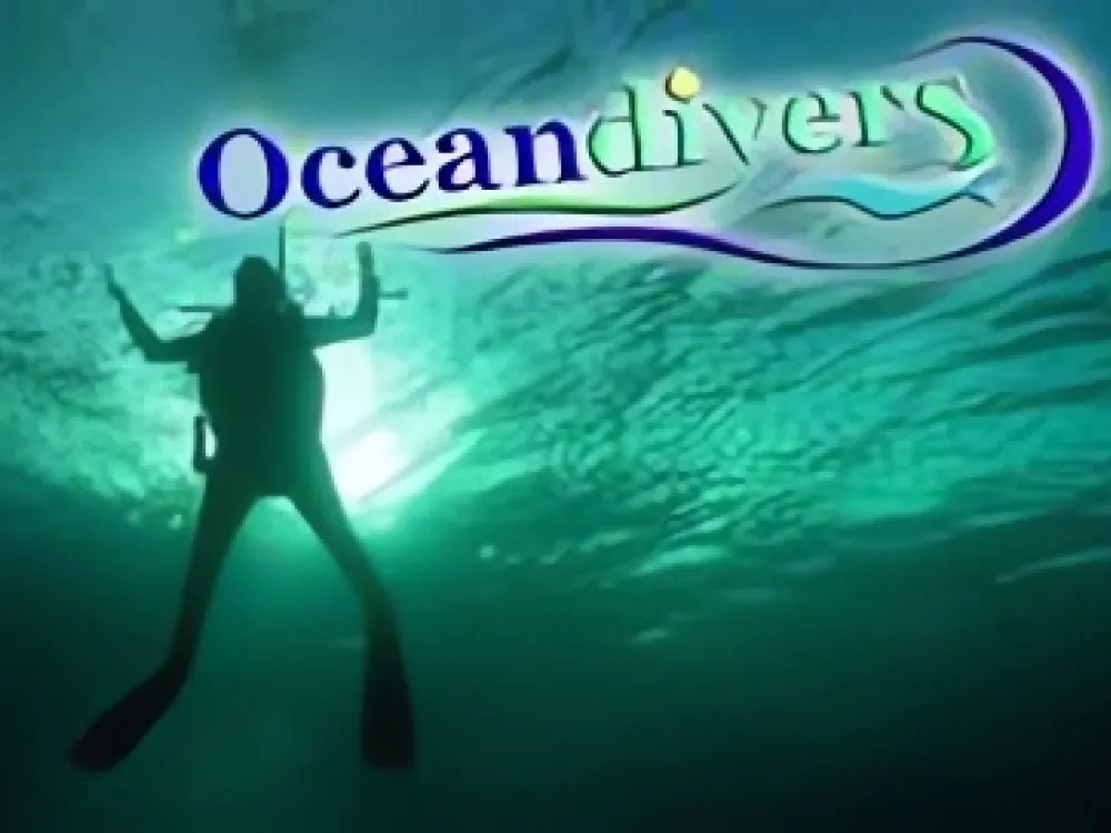 Logo of Oceandivers featuring a silhouette of a scuba diver underwater with light rays and stylized text in blue and green